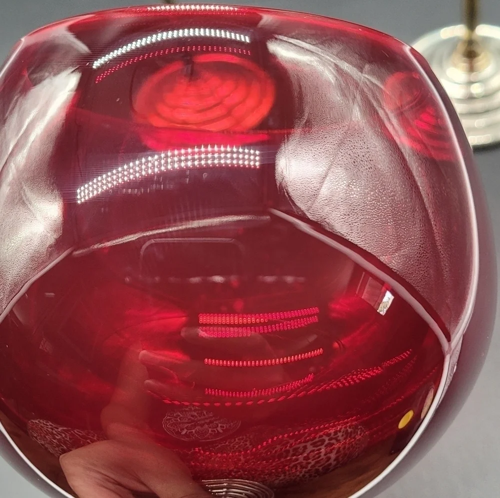 Ruby Red Glass Balloon Wine Glasses Silver Metal Stem Stepped Foot Set of 3 Vtg‍